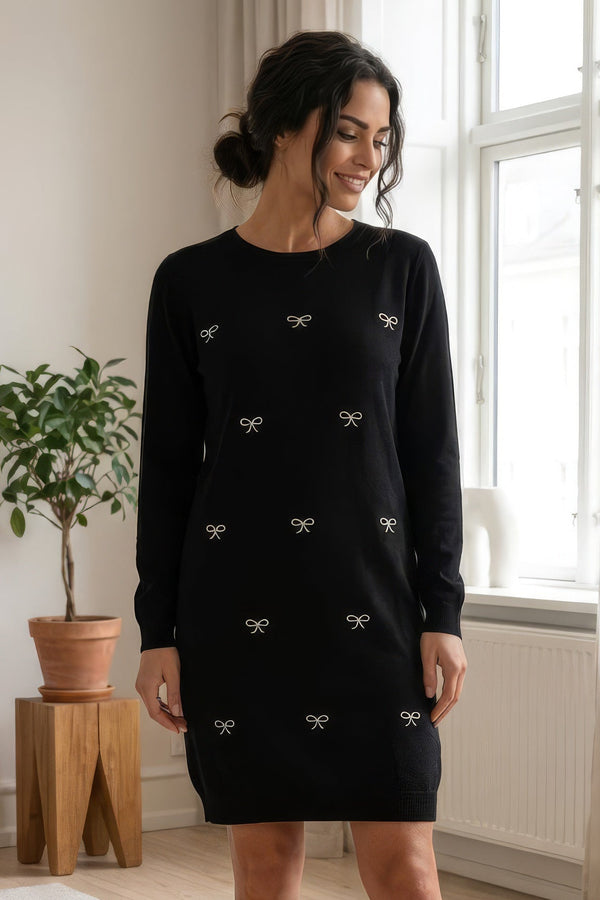 Strikkjole med sløjfer - Sort