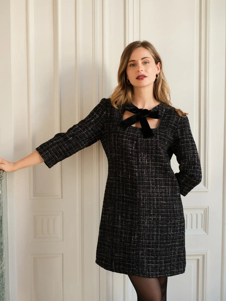 Tweed kjole med sløjfe - Sort