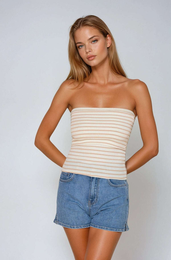 Stribet tubetop - Beige