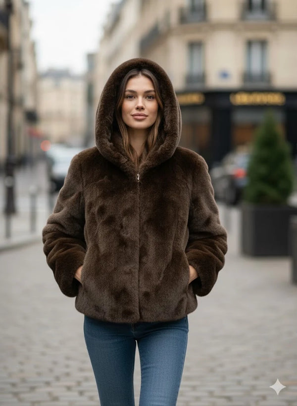 Faux pels med hætte - Chokolade